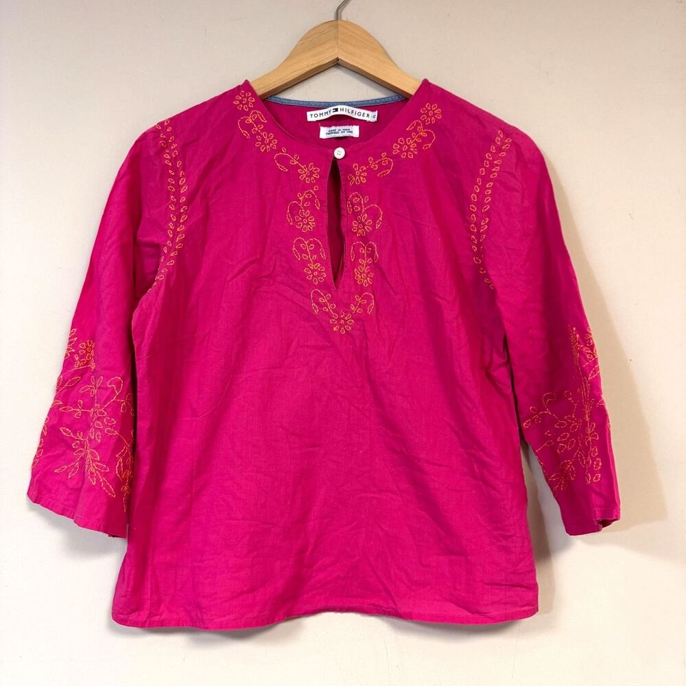 Tommy Hilfiger Pink Boho Peasant Top Shirt Women's 12 Floral Embroidered Blouse